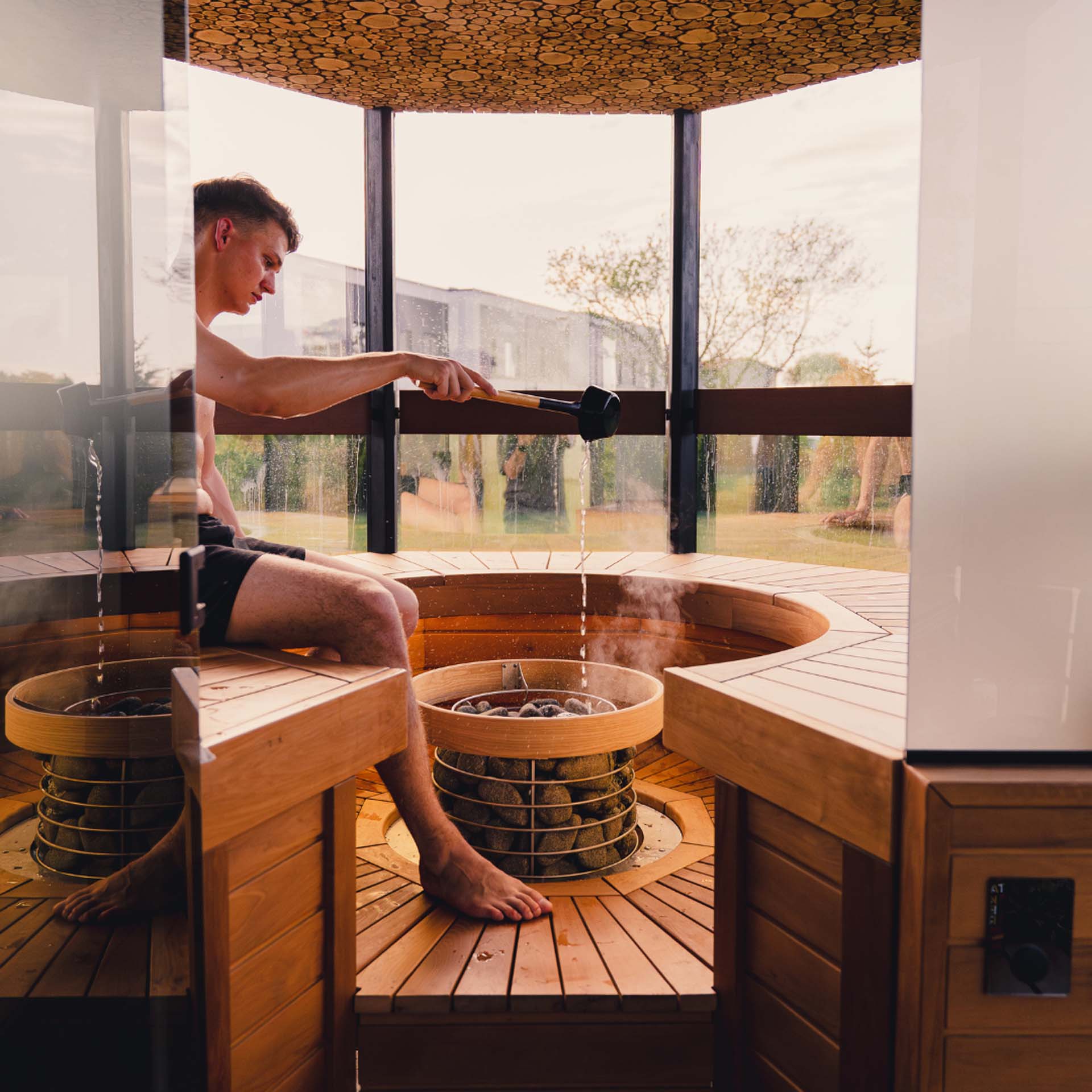 Haljas Hele DOUBLE - Luxury Glass 7 Person Outdoor Sauna w/ Changing Room - The Sauna Store