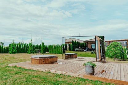 Haljas Hele DOUBLE - Luxury Glass 7 Person Outdoor Sauna w/ Changing Room - The Sauna Store